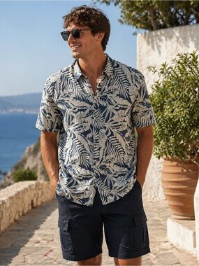 Report Collection Blue & White Tropical Leaf Button-Down Shirt